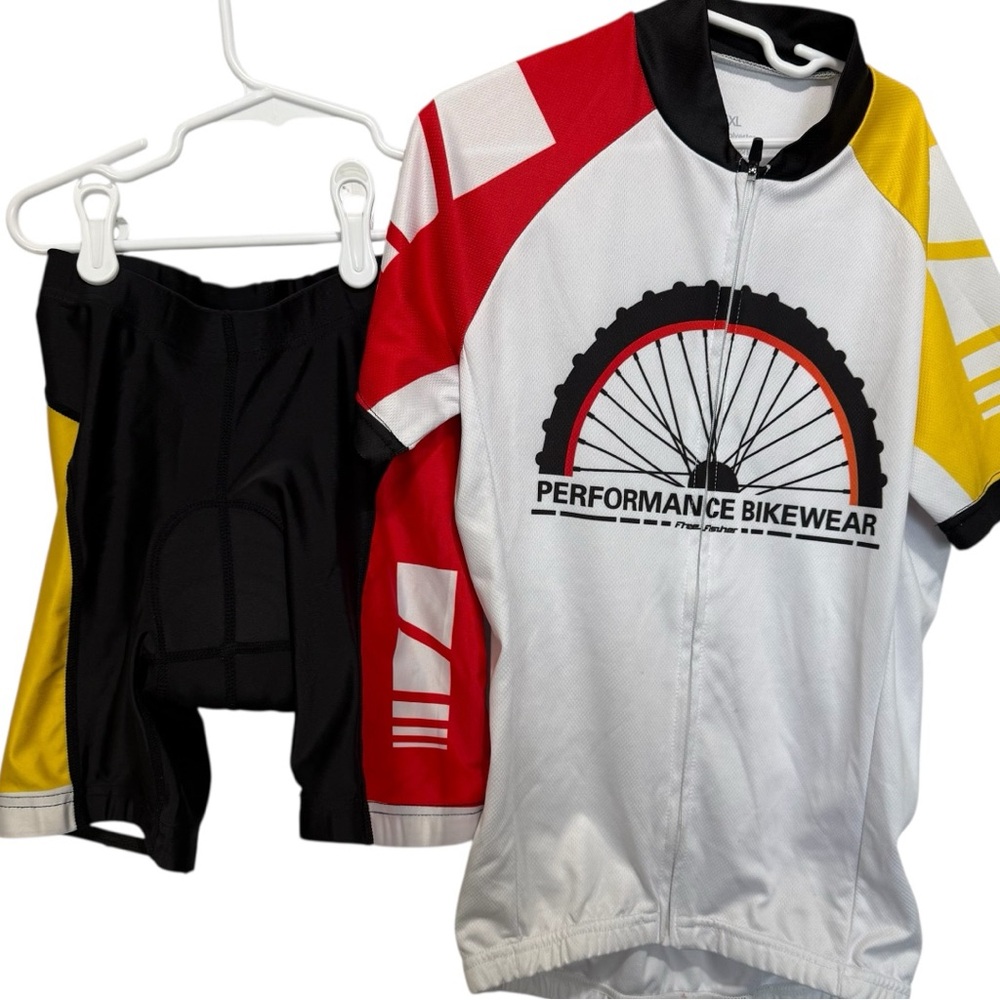 FREE FISHER Cycling Bike Jersey & Shorts Youth XXL 2XL Boys Red White Yellow